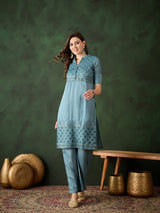 Blue Embroidered Kurta With Palazzo - Elganza