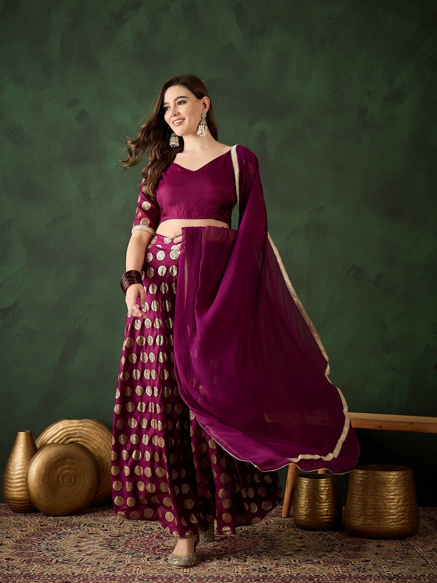 Purple Gold Foil Print Lehenga Choli With Duptta - Elganza