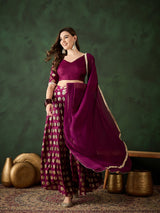 Purple Gold Foil Print Lehenga Choli With Duptta - Elganza