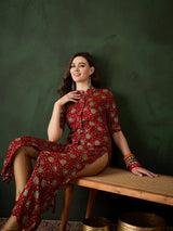Red Gold Print Button Down Kurta - Elganza