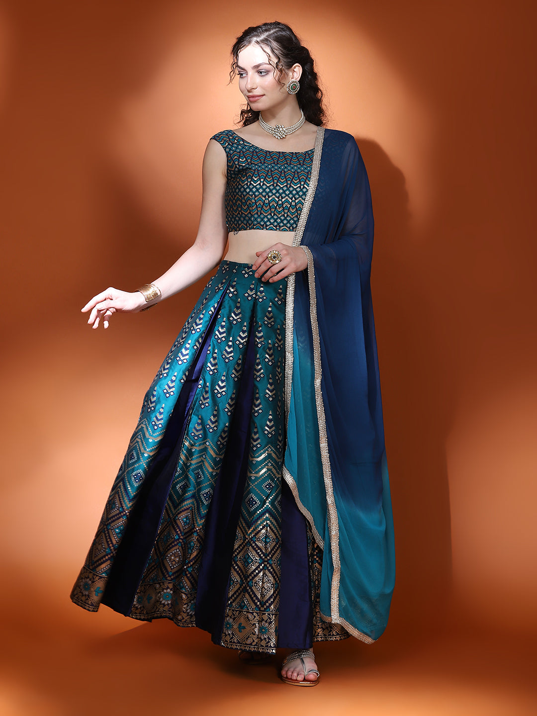 Teal Blue Gold Zari Work Lehenga Choli With Dupatta - Elganza