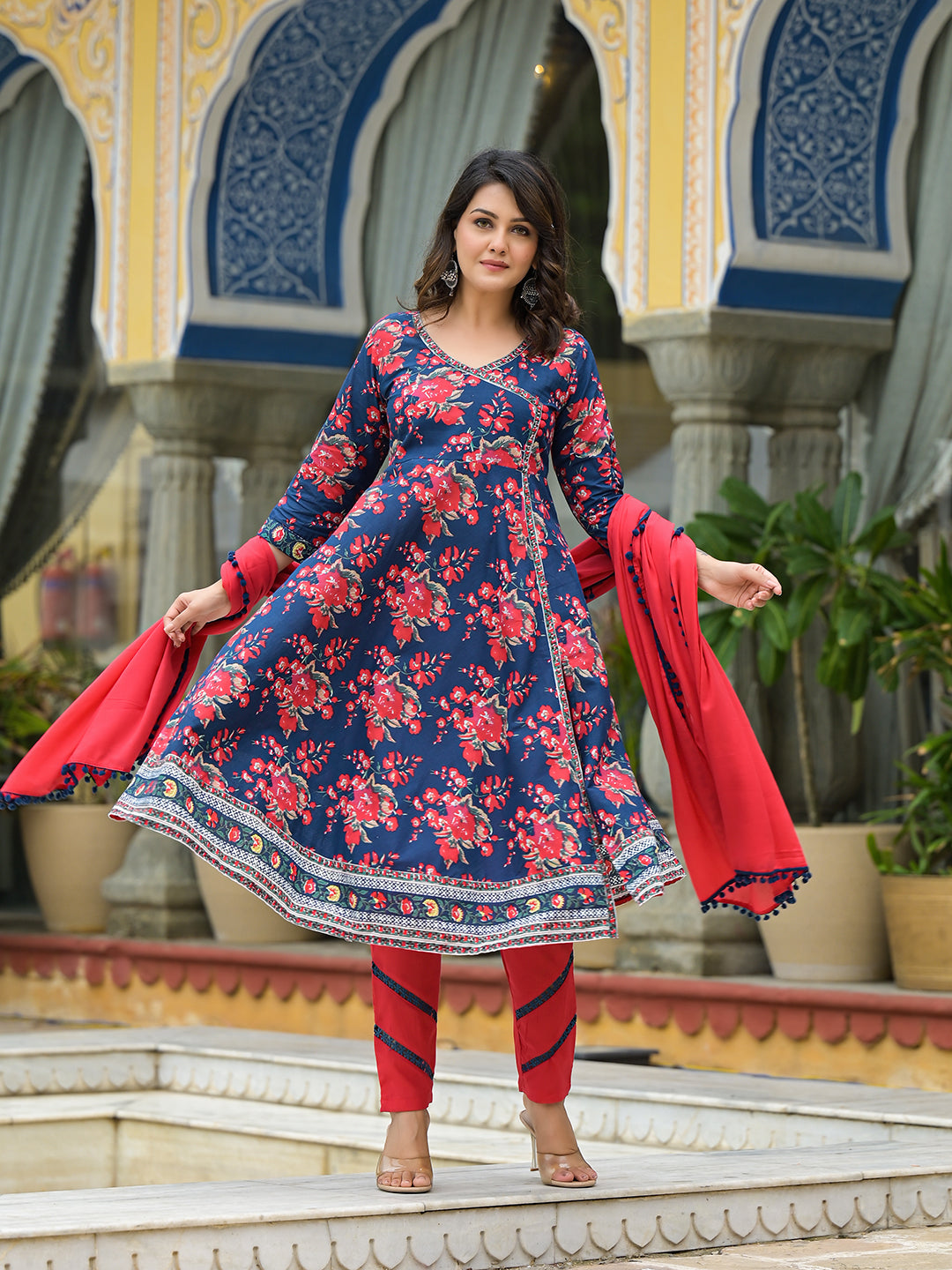 Navy Blue Floral Print Anarkali Pant With Dupatta - Elganza