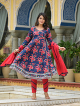 Navy Blue Floral Print Anarkali Pant With Dupatta - Elganza