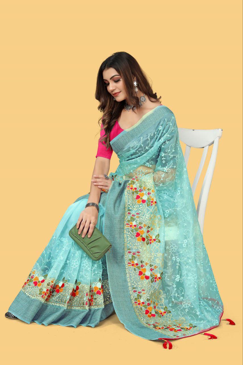 Party Wear Organza Silk Saree with Multicolor Embroidery and Zari Border