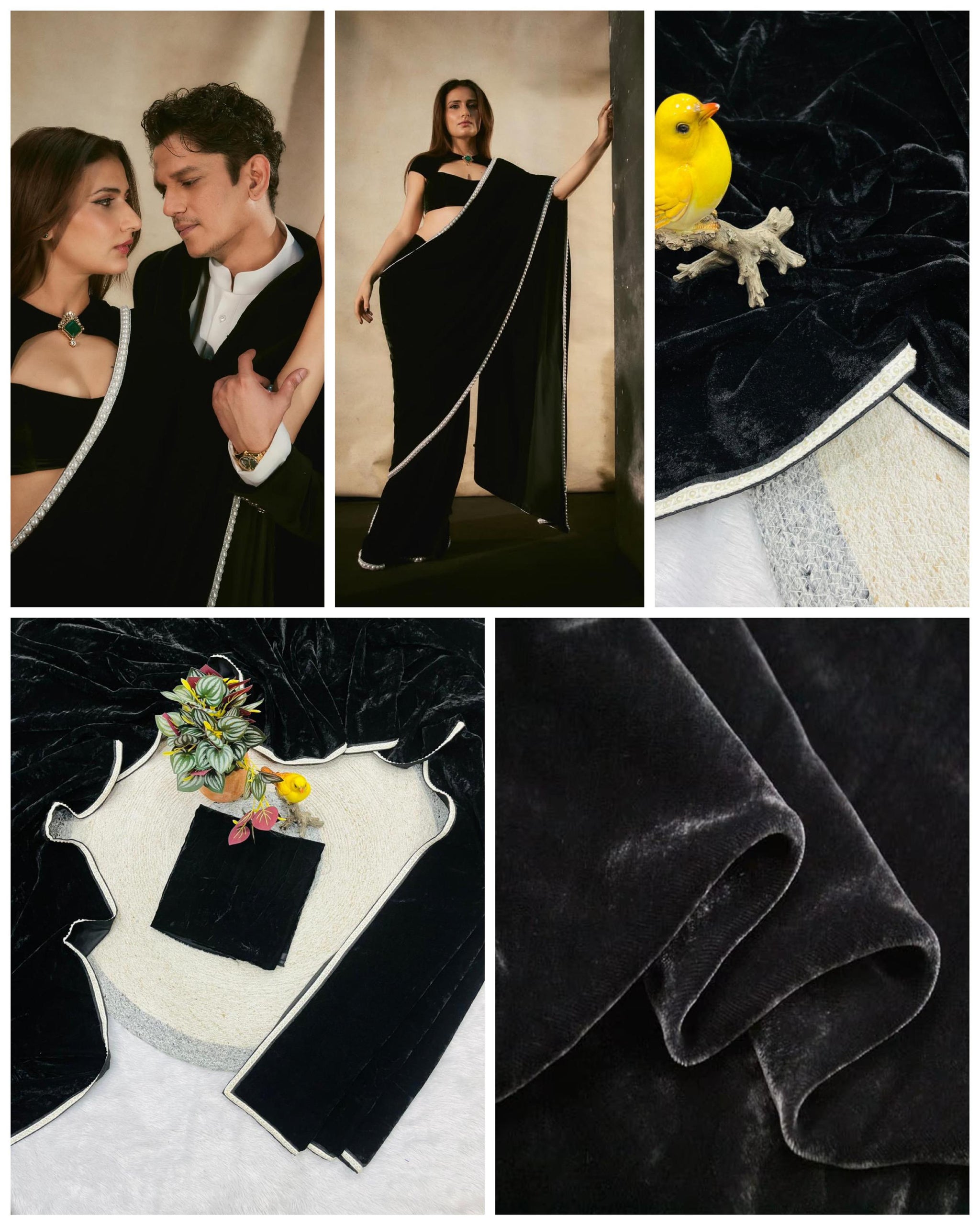 Elegant Viscose Velvet Winter Saree with Pearl Lace Border