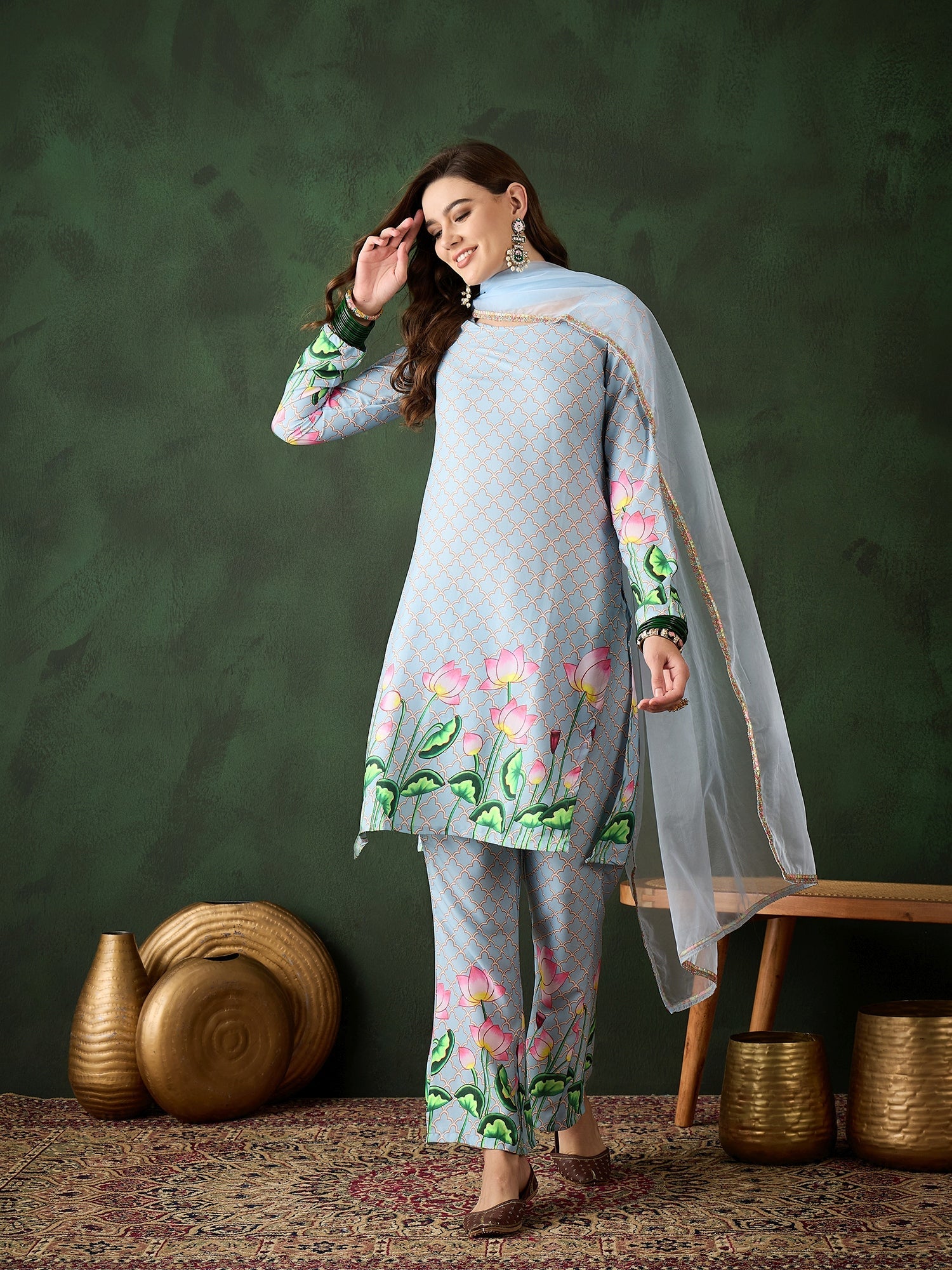 Blue Pichwai Print Kurta Palazzo With Dupatta - Elganza