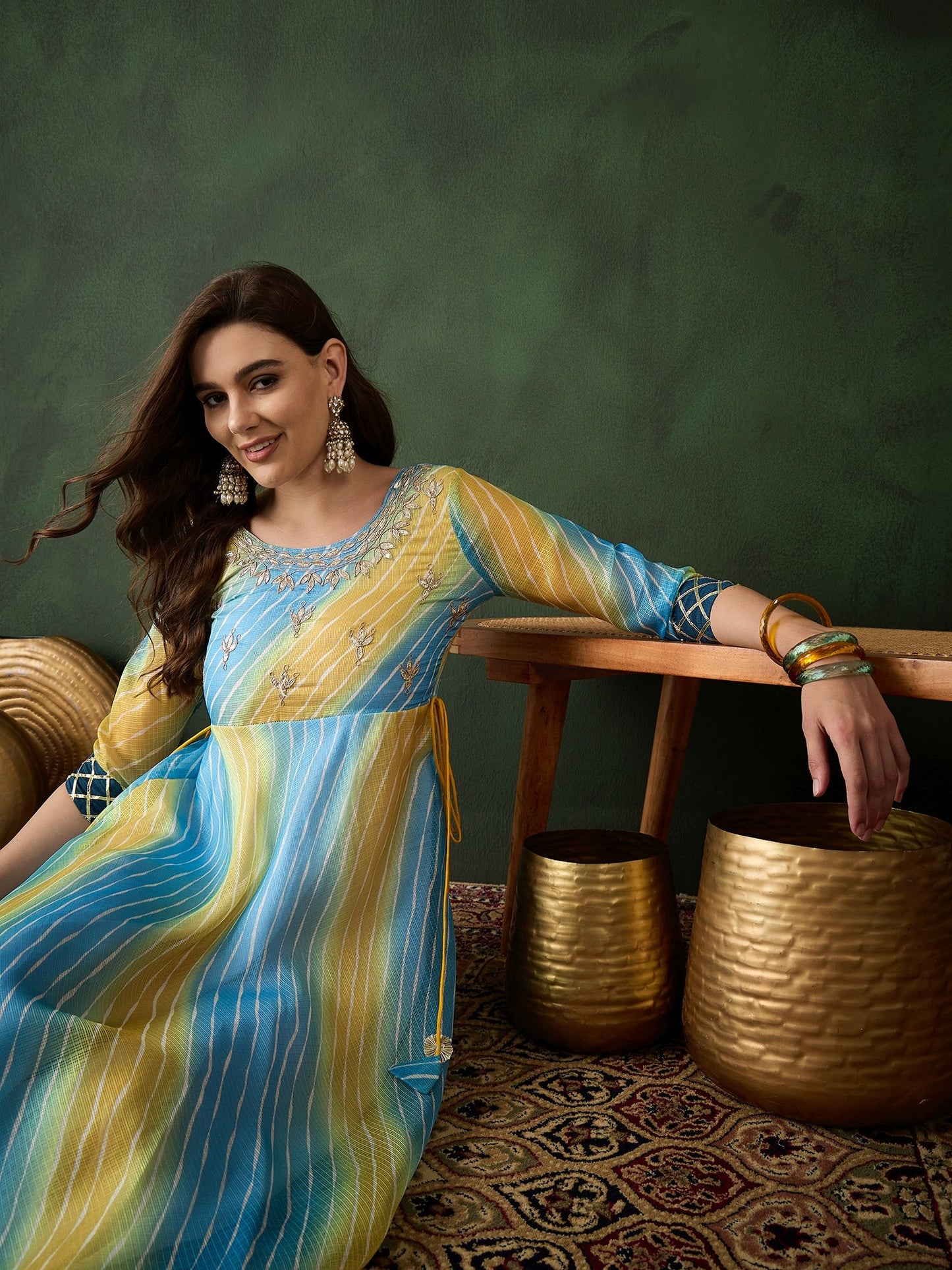 Blue Embroidered Flared Maxi Dress - Elganza