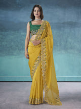 Traditional Designer Gold Crunchy Saree with Floral Embroidery and Cutwork Border