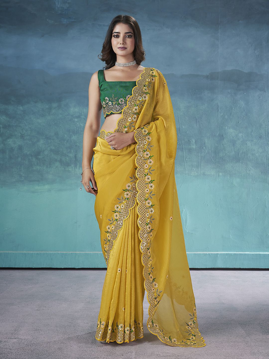Traditional Designer Gold Crunchy Saree with Floral Embroidery and Cutwork Border