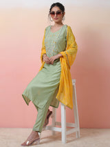 Pastel Green Embroidered Kurta Pant With Dupatta - Elganza
