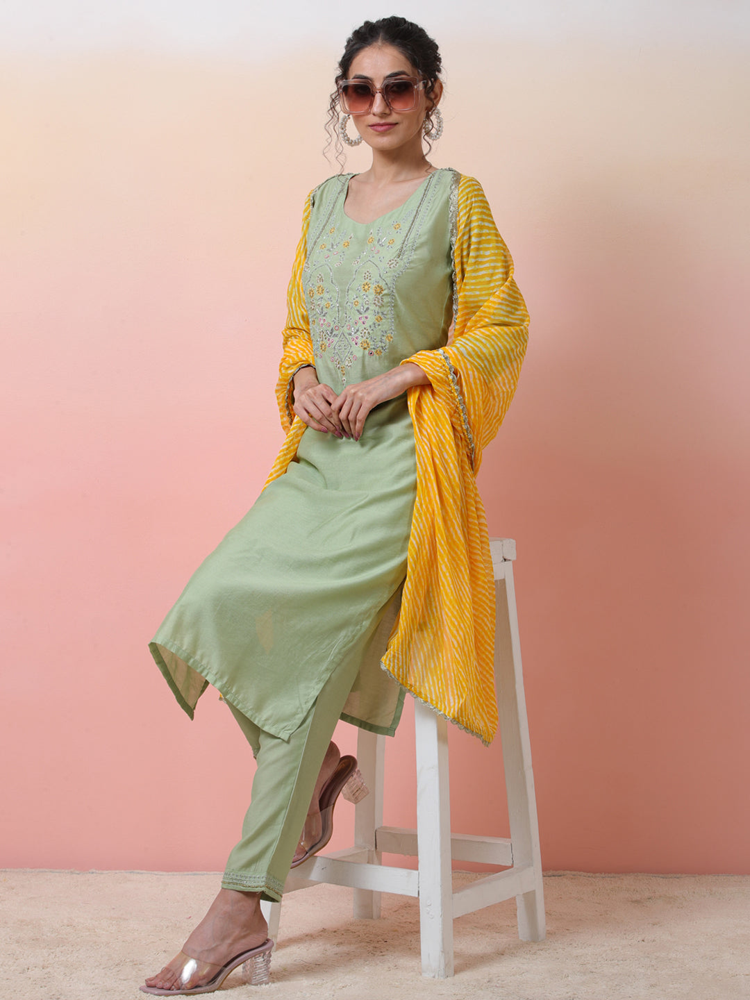 Pastel Green Embroidered Kurta Pant With Dupatta - Elganza