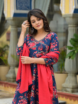 Navy Blue Floral Print Anarkali Pant With Dupatta - Elganza