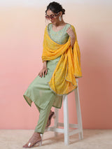 Pastel Green Embroidered Kurta Pant With Dupatta - Elganza