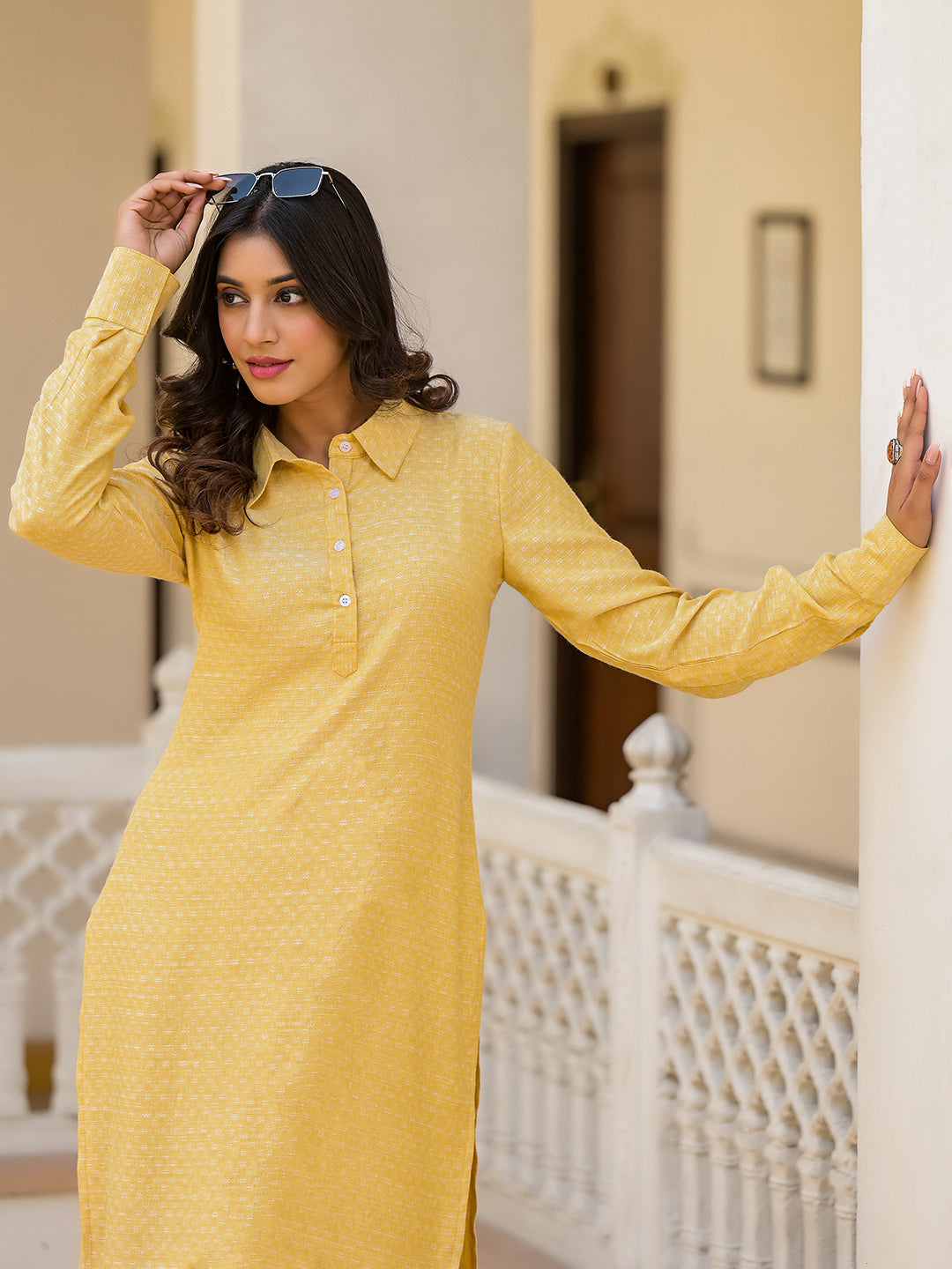 Yellow Pathani Kurta Palazzo Set - Elganza