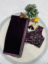Luxury 9000 Quality Velvet Saree with Fine 3mm Sequin Jari Embroidered Cutwork Border & Ready Blouse