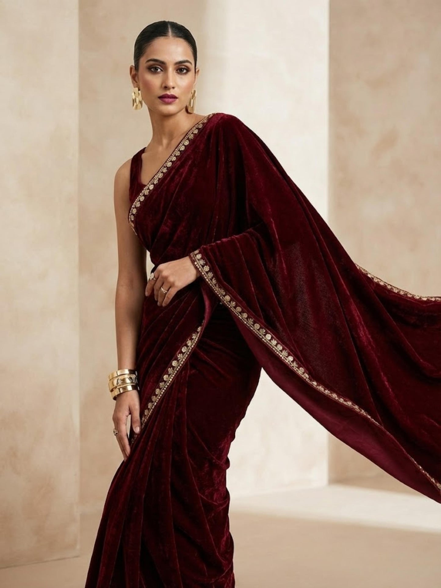 Designer Velvet Winter Saree with Dual Sequin Embroidery