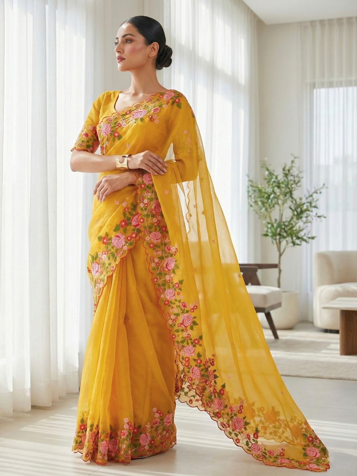 Designer Candy Crush Saree with Multicolor Floral Jari Dori Embroidery & Cutwork Border