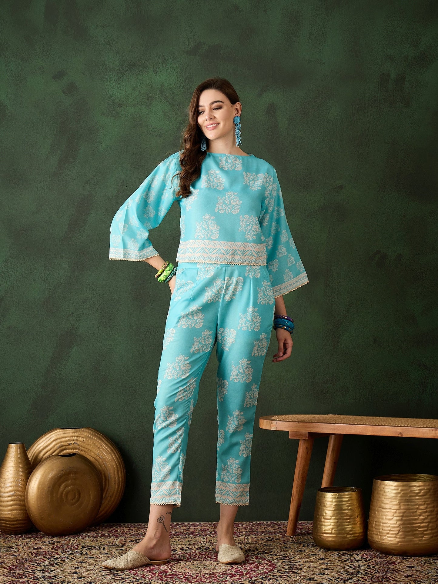 Turquoise Blue Floral Print Co-Ord Set - Elganza