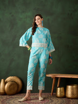 Turquoise Blue Floral Print Co-Ord Set - Elganza