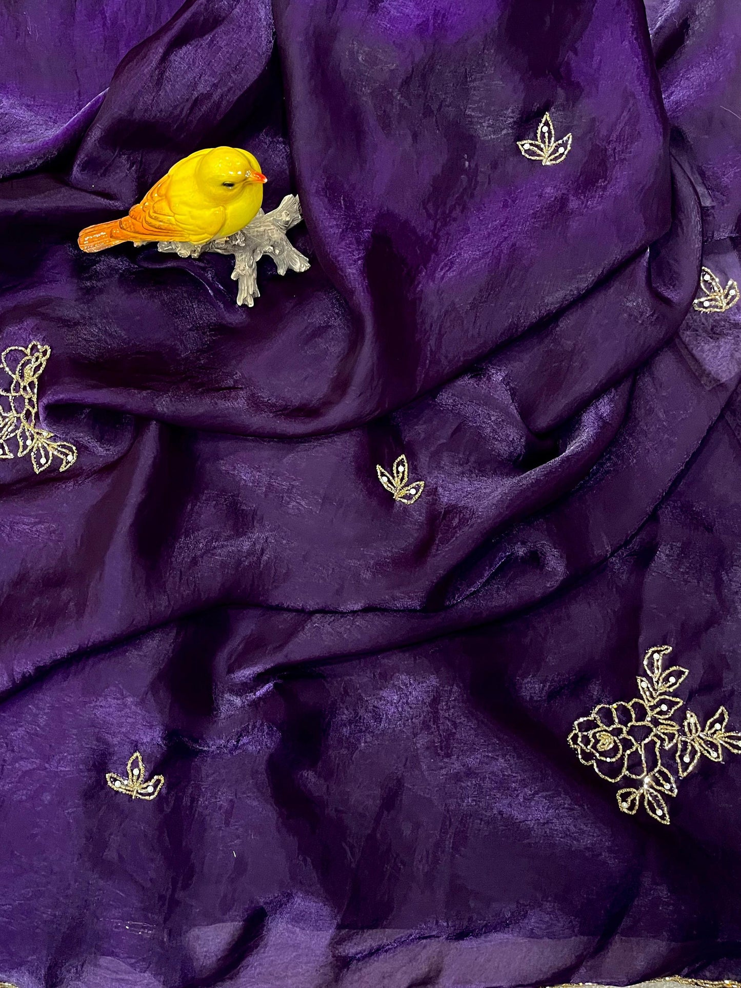 Designer Fandy Satin Silk Saree with Floral Pipe & Pearl Embellishment and Matching Unstitched Blouse