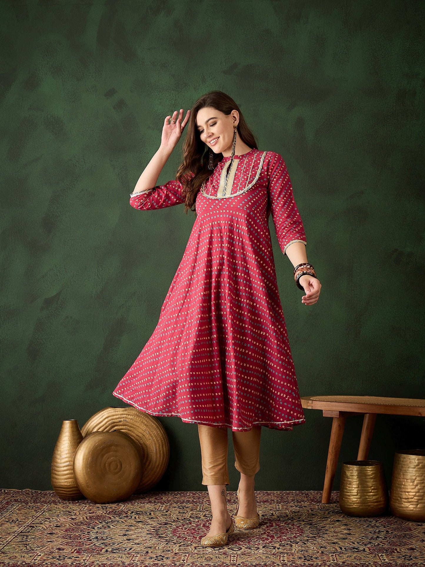 Red Bandhani Print Anarkali - Elganza