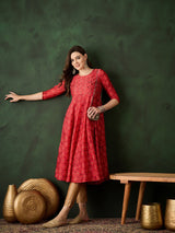 Red Geometric Print Anarkali - Elganza