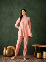 Pink Lurex Designed Flared Co-Ord Set - Elganza