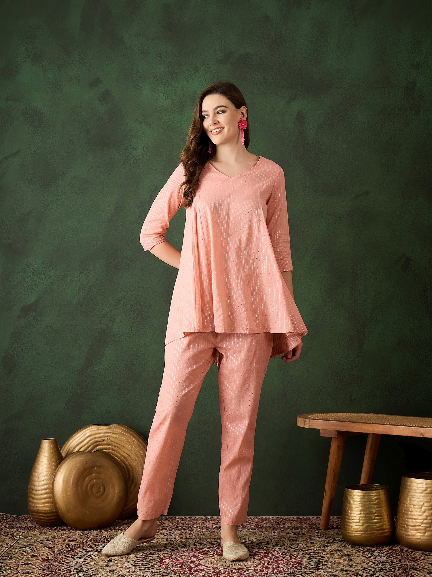 Pink Lurex Designed Flared Co-Ord Set - Elganza