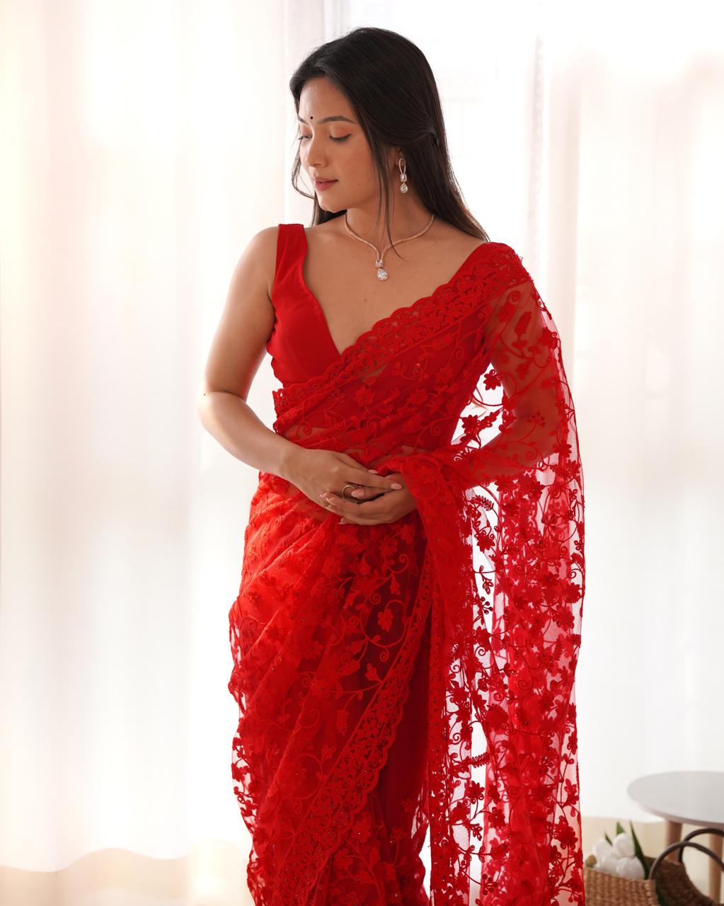 Traditional Designer Butterfly Net Saree with Chain Stitch Embroidery & Stone Work