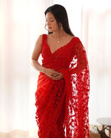 Traditional Designer Butterfly Net Saree with Chain Stitch Embroidery & Stone Work