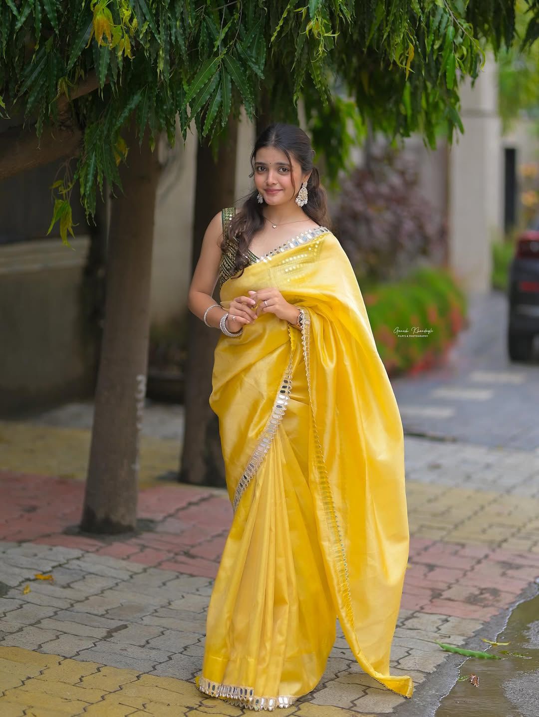 Premium Designer Fandy Satin Silk Saree with Jari Dori Embroidery & Real Mirror Embellishment with Stitched Mono Diamond Silk Blouse