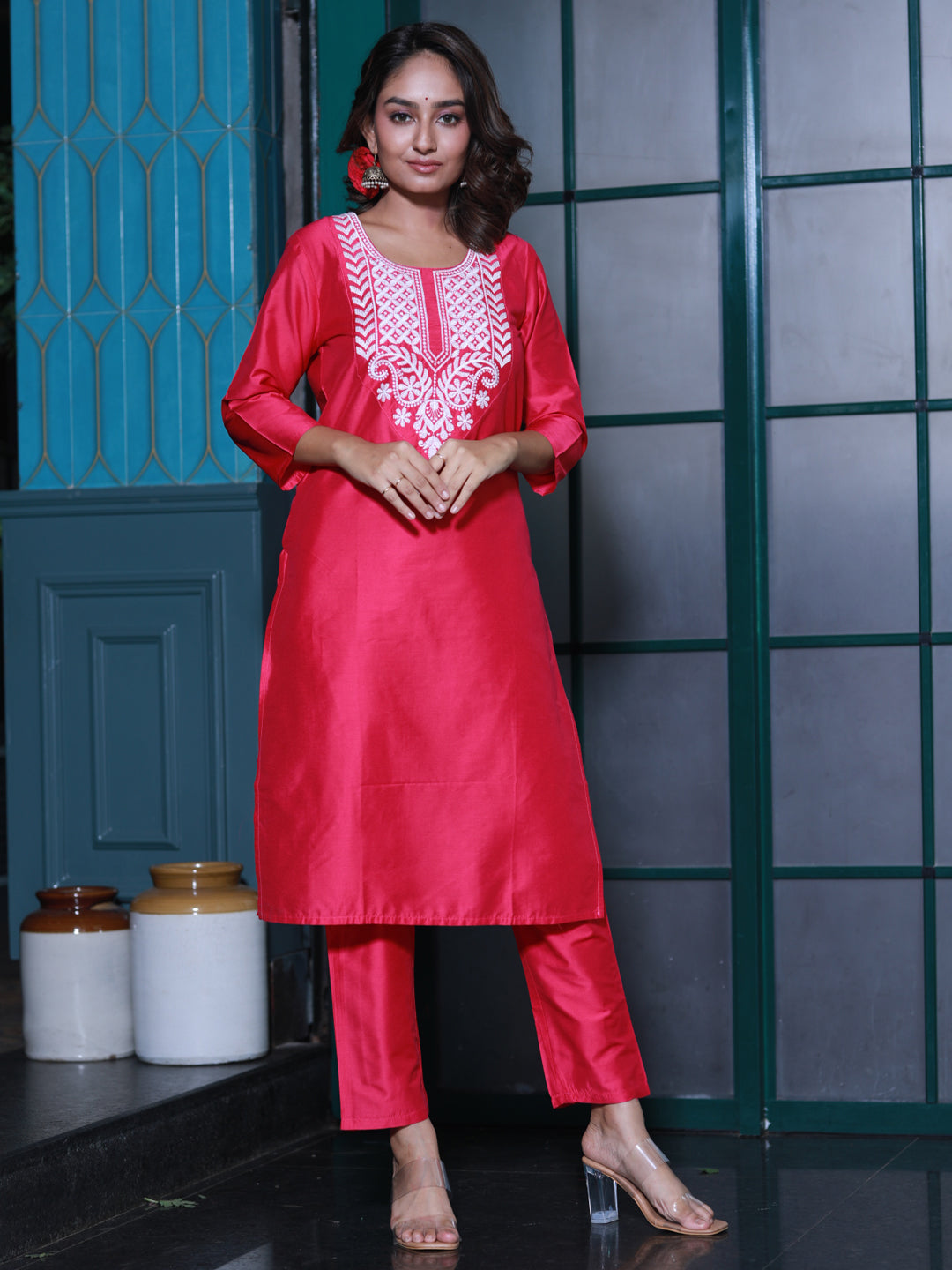 Hot Pink Embroidered Cotton Silk Kurta Set - Elganza