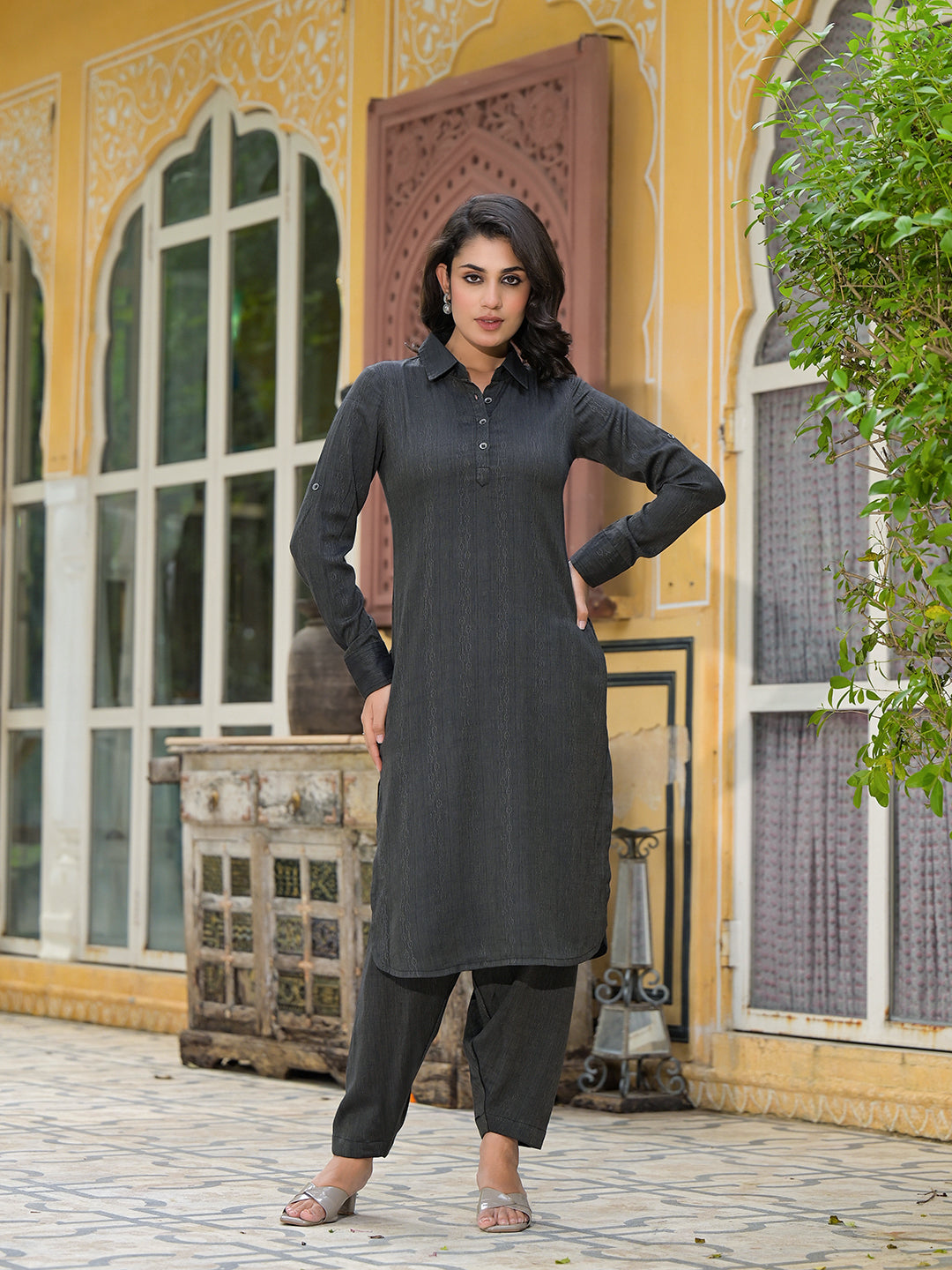 Black Self Design Pathani Kurta - Elganza