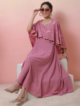 Mauve Foil Print Anarkali With Flared Sleeve - Elganza