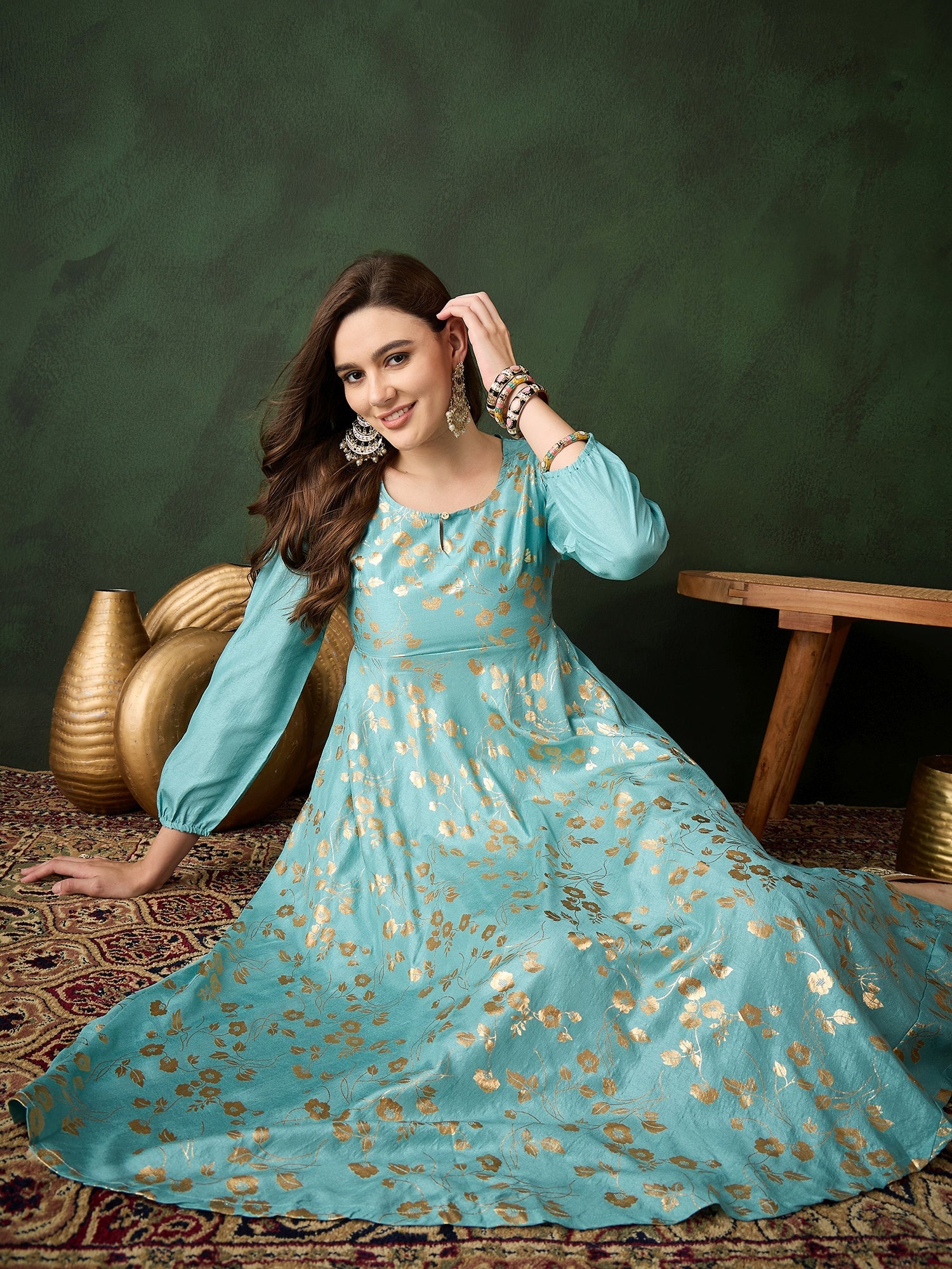 Pastel Blue Foil Print Flared Anarkali - Elganza