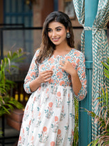 White Mughal Print A-Line Dress - Elganza