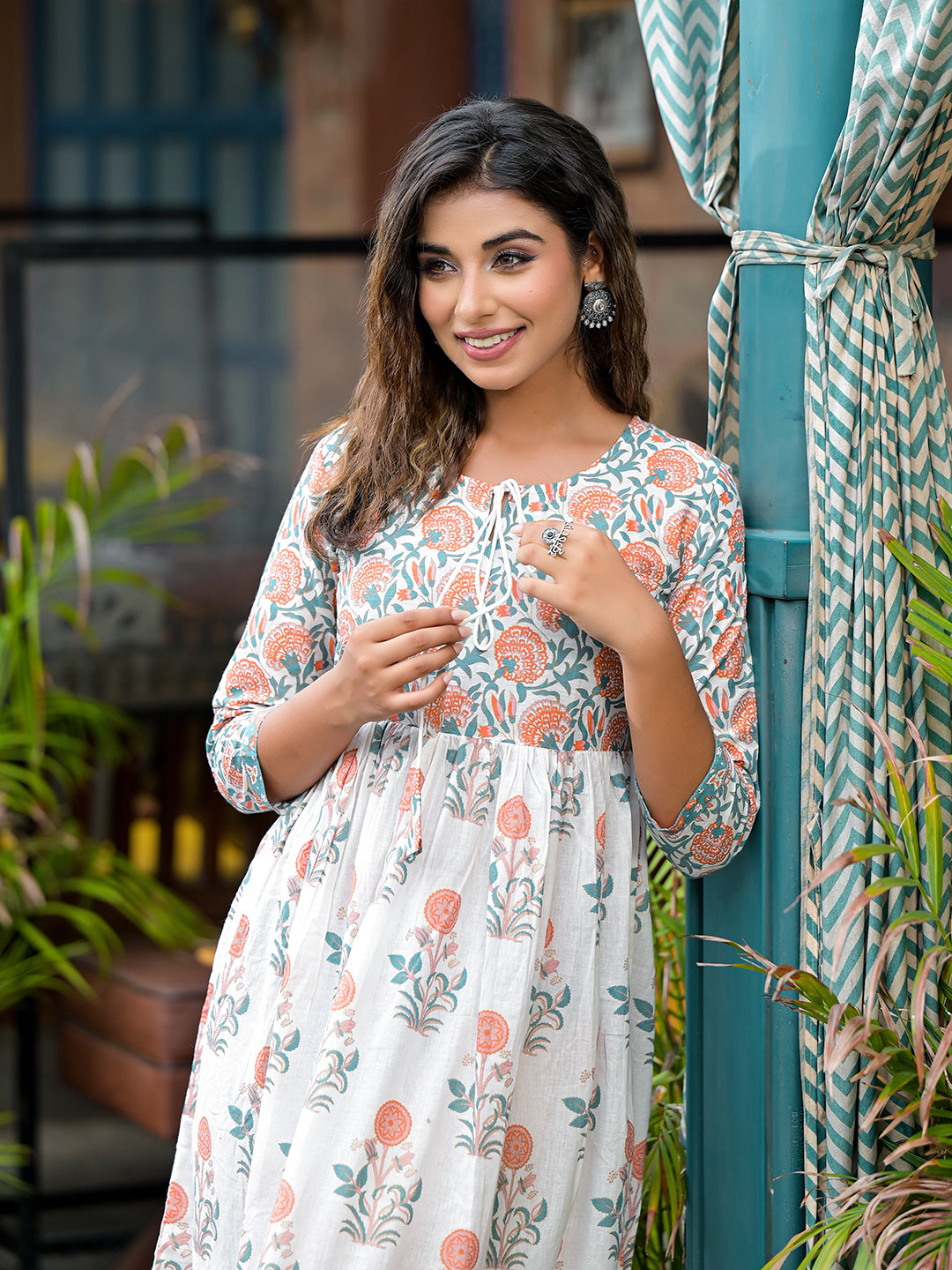 White Mughal Print A-Line Dress - Elganza