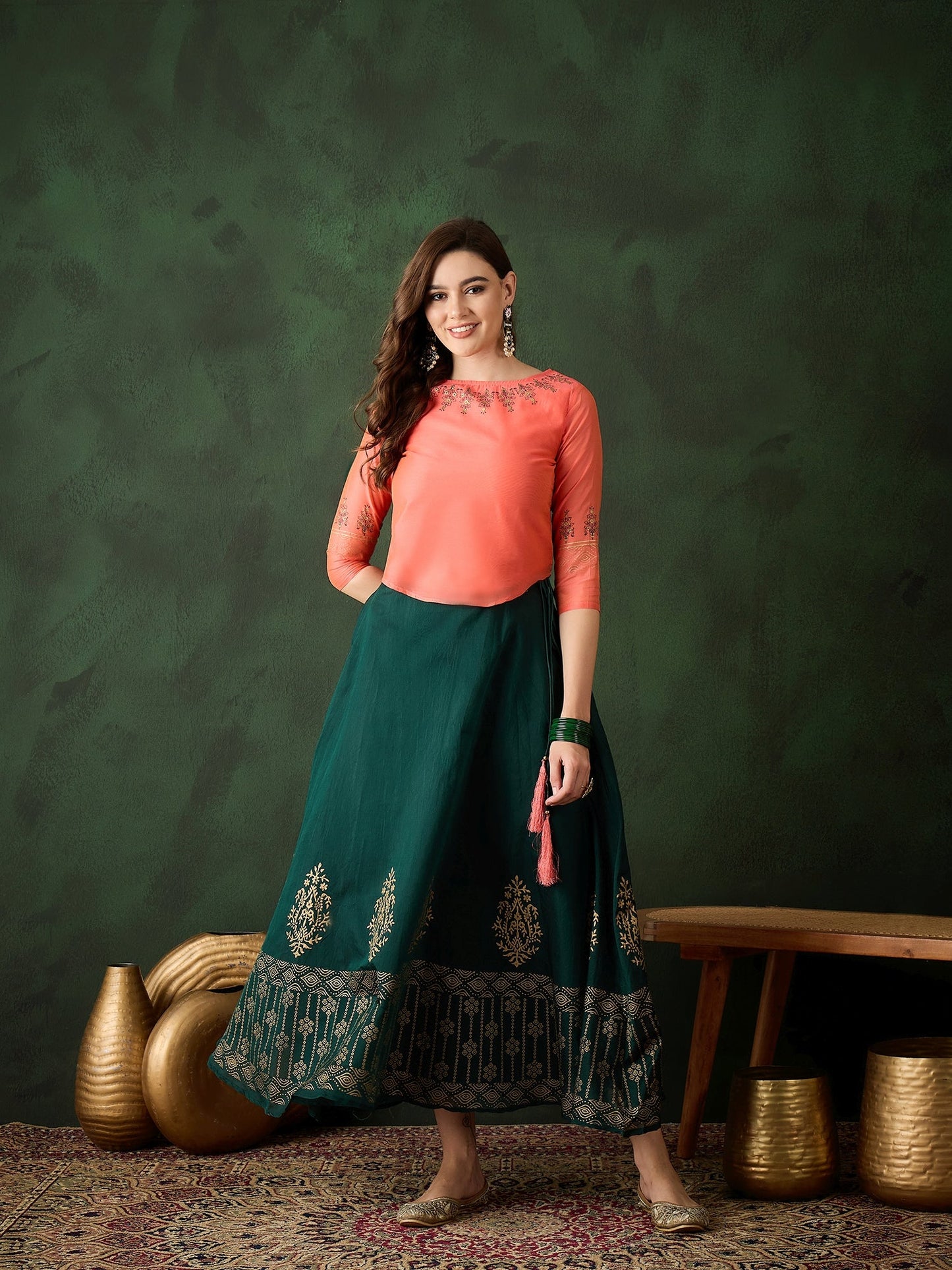 Green & Peach Block Print Lehenga Choli - Elganza