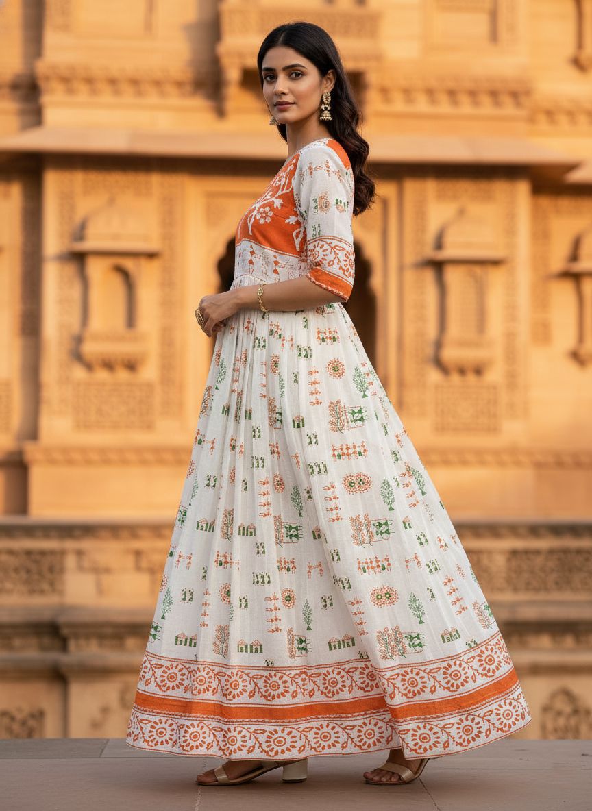 Stylish Pure Cotton Tricolour Geometric Printed Flaired Gown for Independence Day
