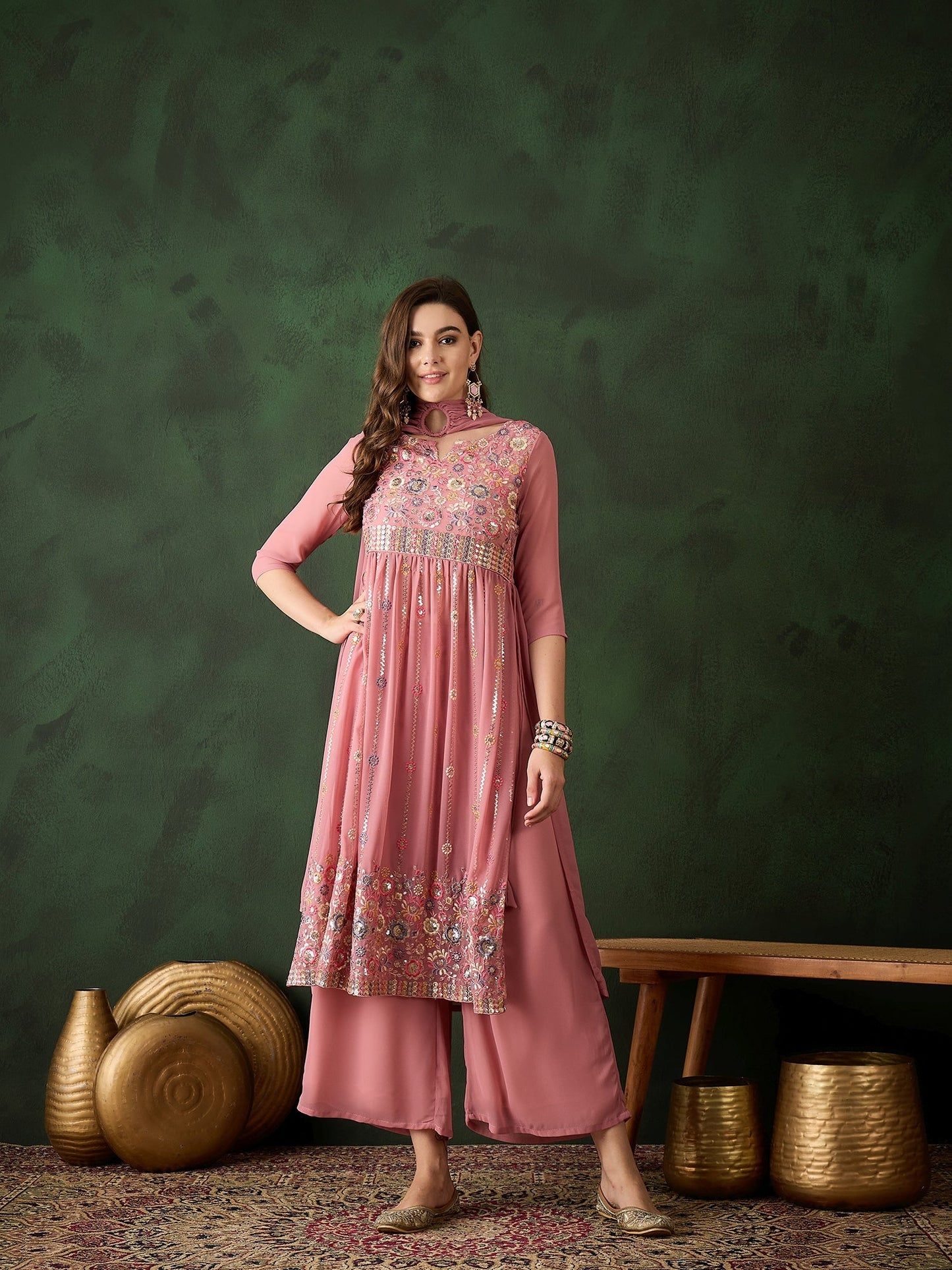 Pink Embroidered Nyra-Cut Kurta Palazzo With Dupatta - Elganza