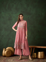 Pink Embroidered Nyra-Cut Kurta Palazzo With Dupatta - Elganza