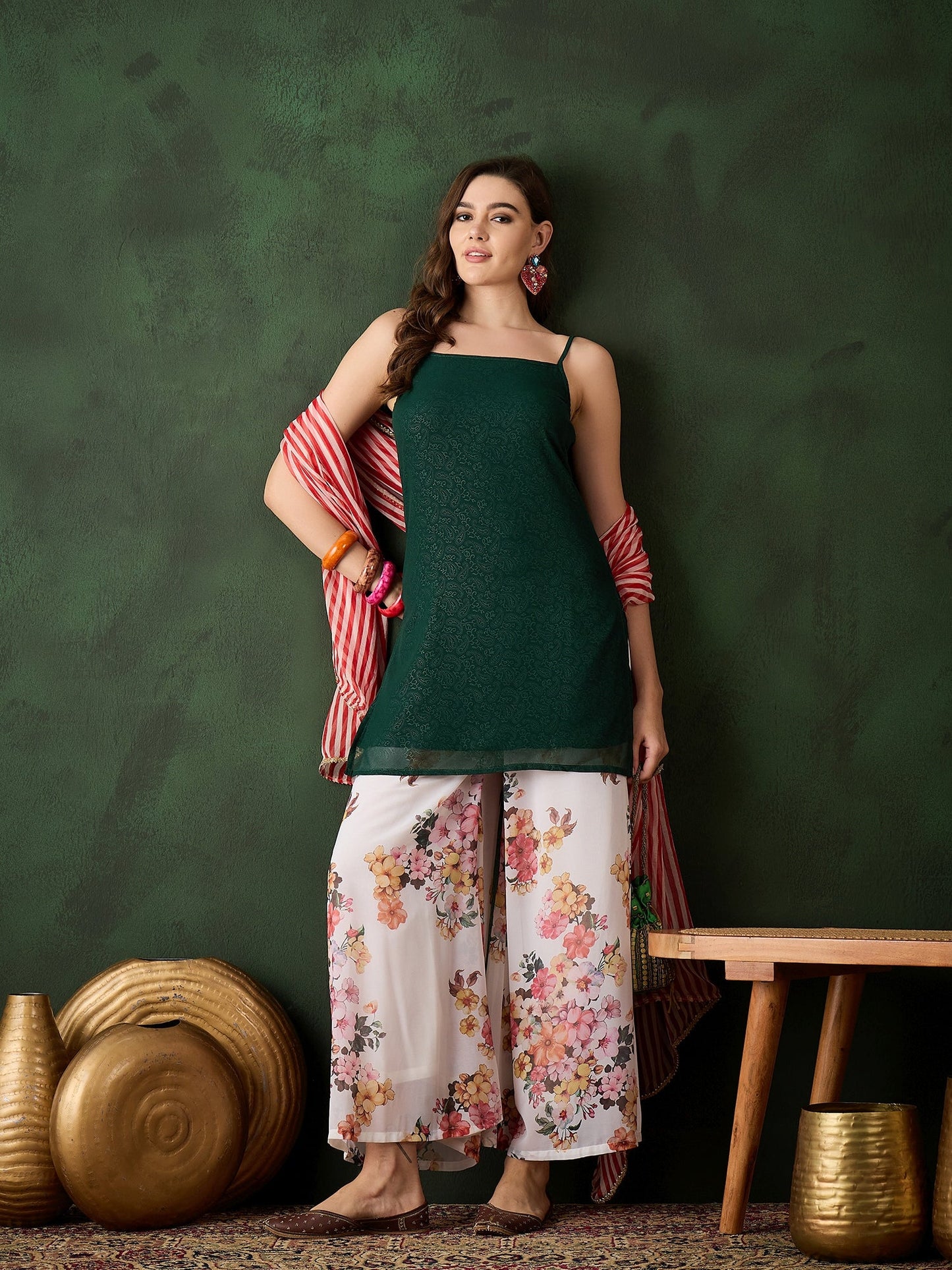Green Kurta With Floral Print Palazzo & Dupatta - Elganza