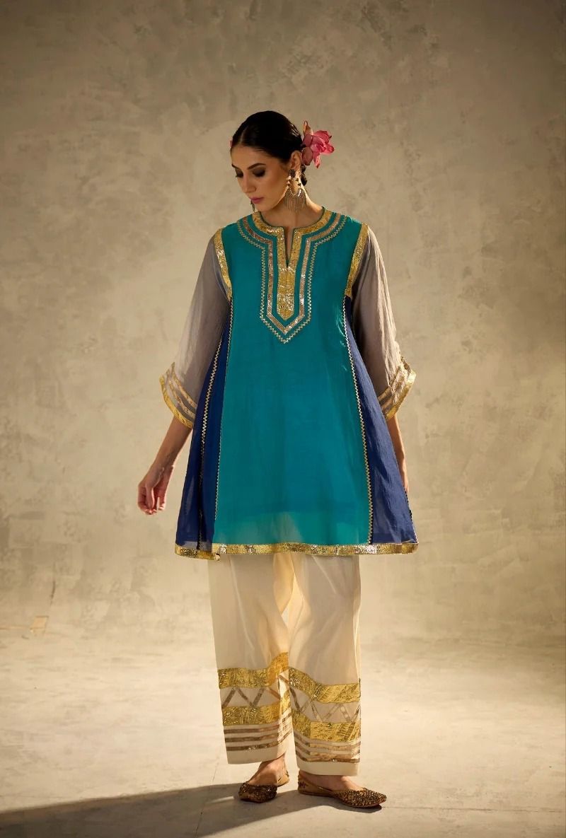 Women Designer 2 Piece Chanderi Suit Set with Lampi Lace Work