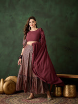 Burgundy Foil Printed Lehenga Choli With Dupatta - Elganza