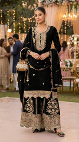 Heavily Embroidered Chinon Kurti Plazo Dupatta Ready-Made Set