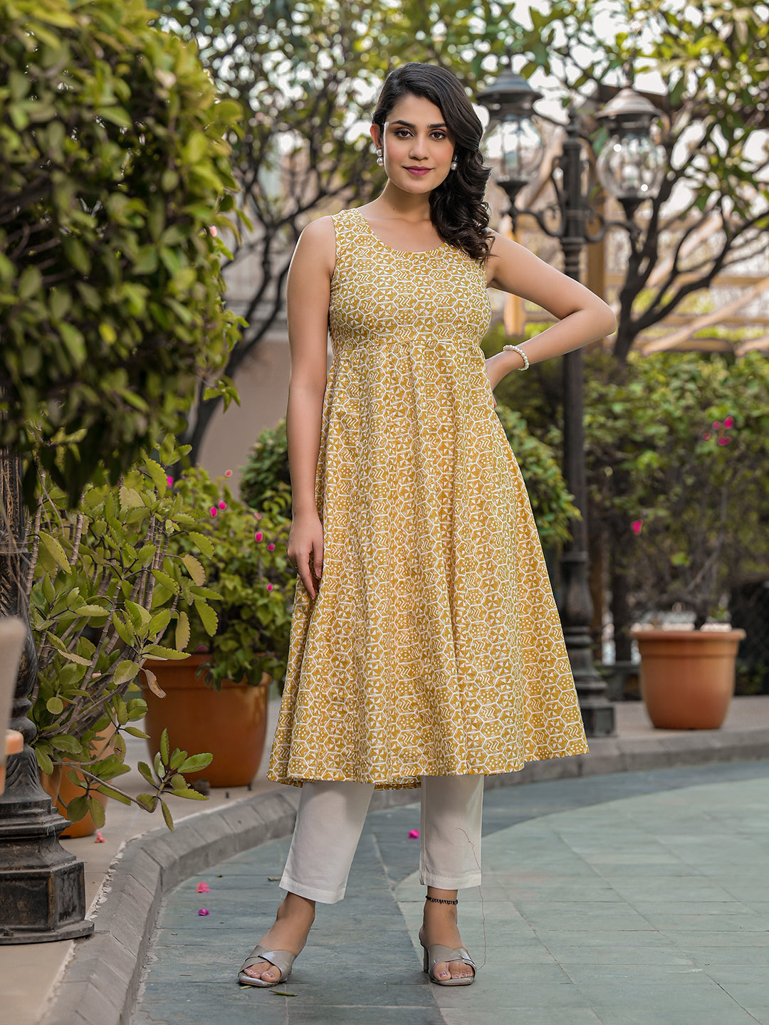 Beige Anarkali with tie-ups at back - Elganza