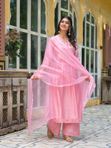 Powder Pink A-Line Kurta With Mirror Work On Dupatta - Elganza