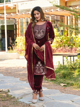 Women Designer 3 Piece Velvet Suit Set with Embellished Top, Velvet Bottom & Faux Georgette Dupatta