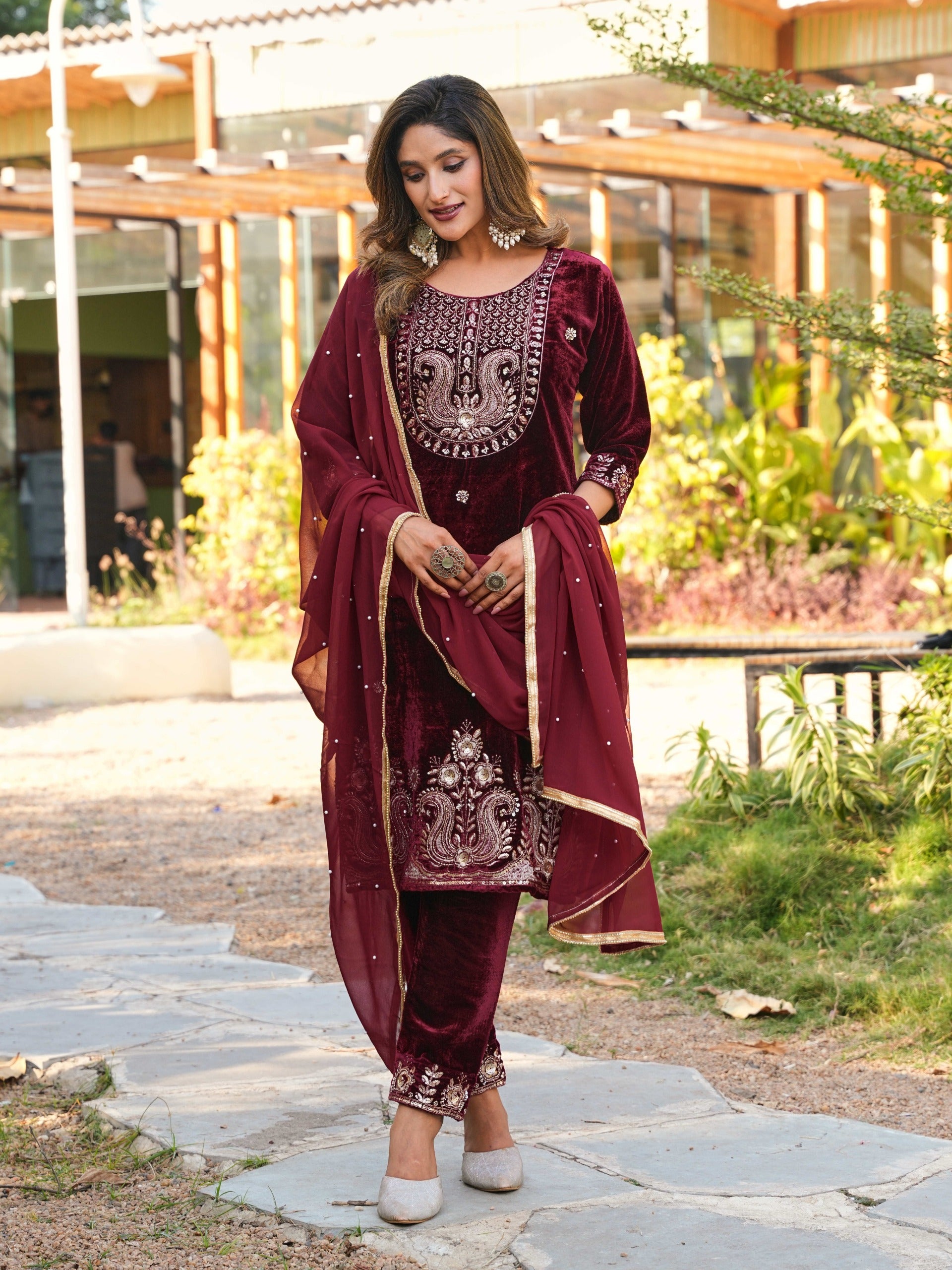 Women Designer 3 Piece Velvet Suit Set with Embellished Top, Velvet Bottom & Faux Georgette Dupatta