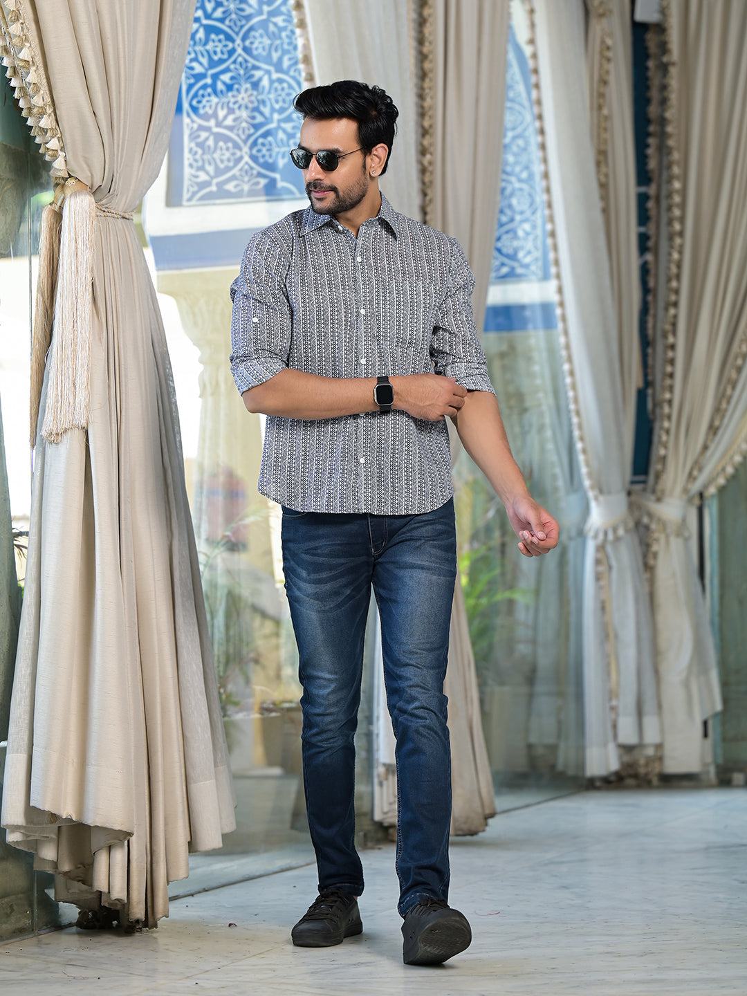 Grey Geometric print Shirt - Elganza